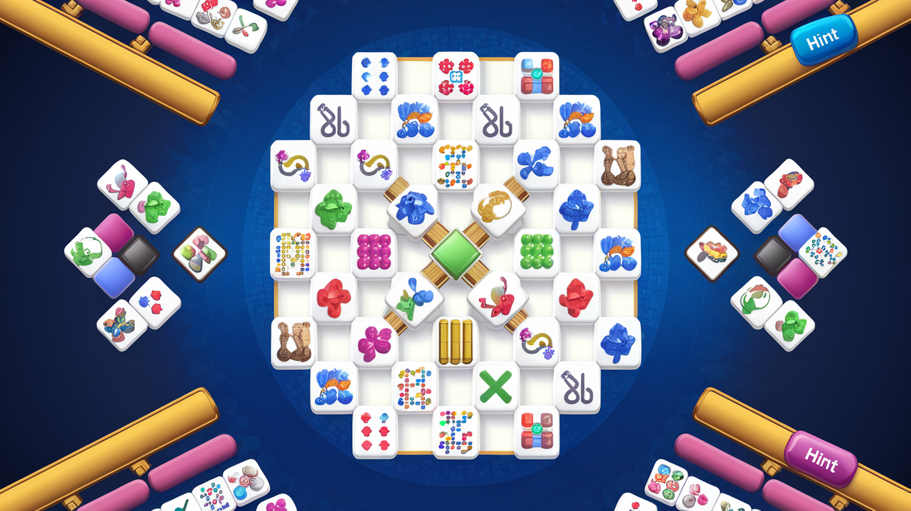 Mahjong game interface showing hint button with tiles and strategy elements
