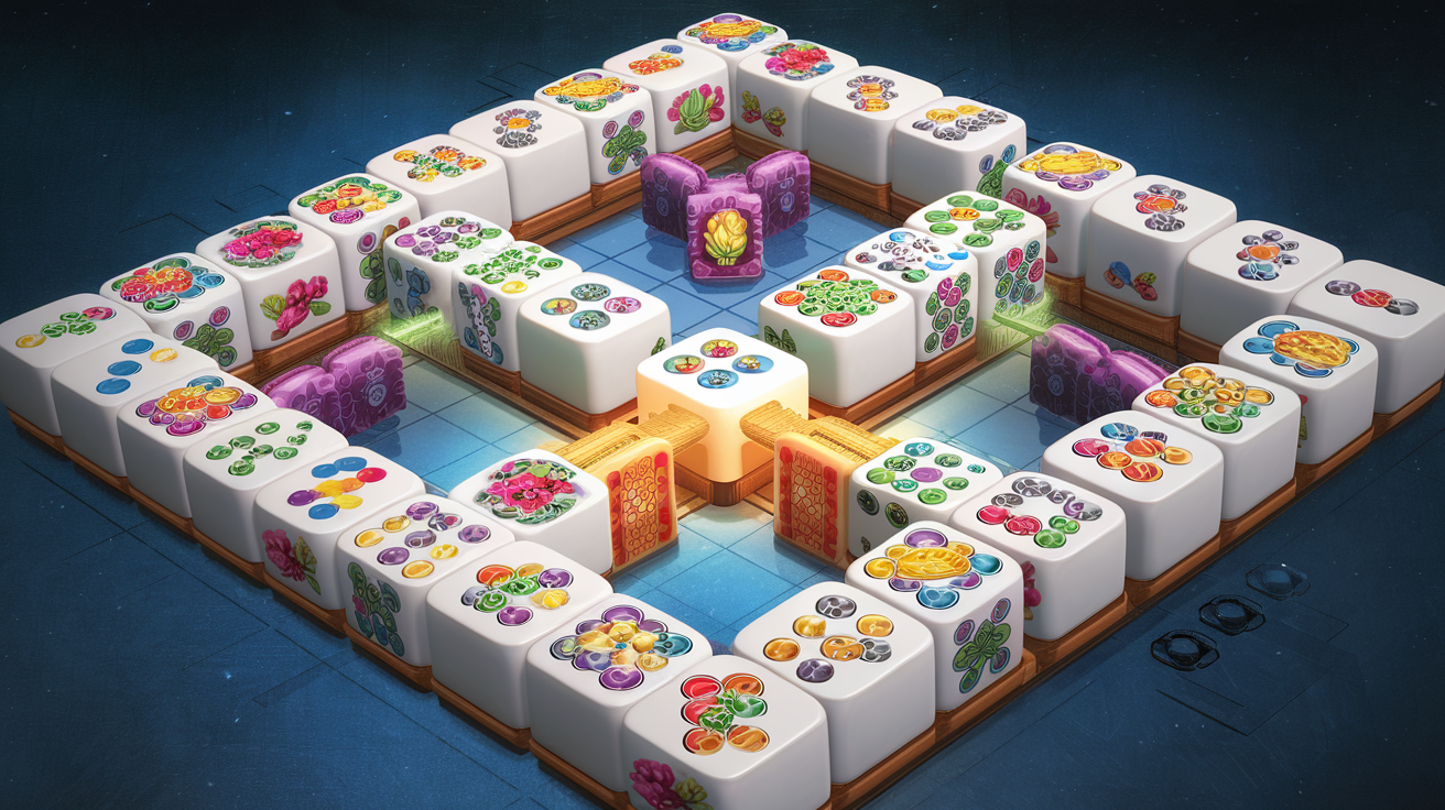 A mahjong solitaire game board showing tiles with a glowing hint indicator highlighting a strategic match