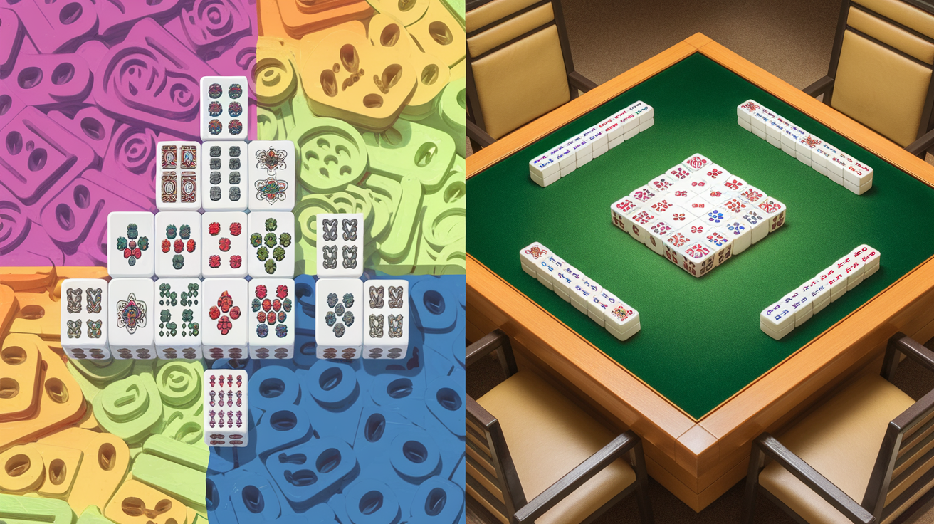 Comparison of mahjong solitaire tile layout and traditional four-player mahjong table setup