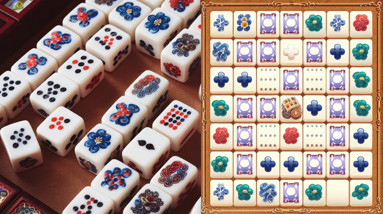 Traditional Chinese mahjong tiles arranged next to a digital mahjong solitaire puzzle layout
