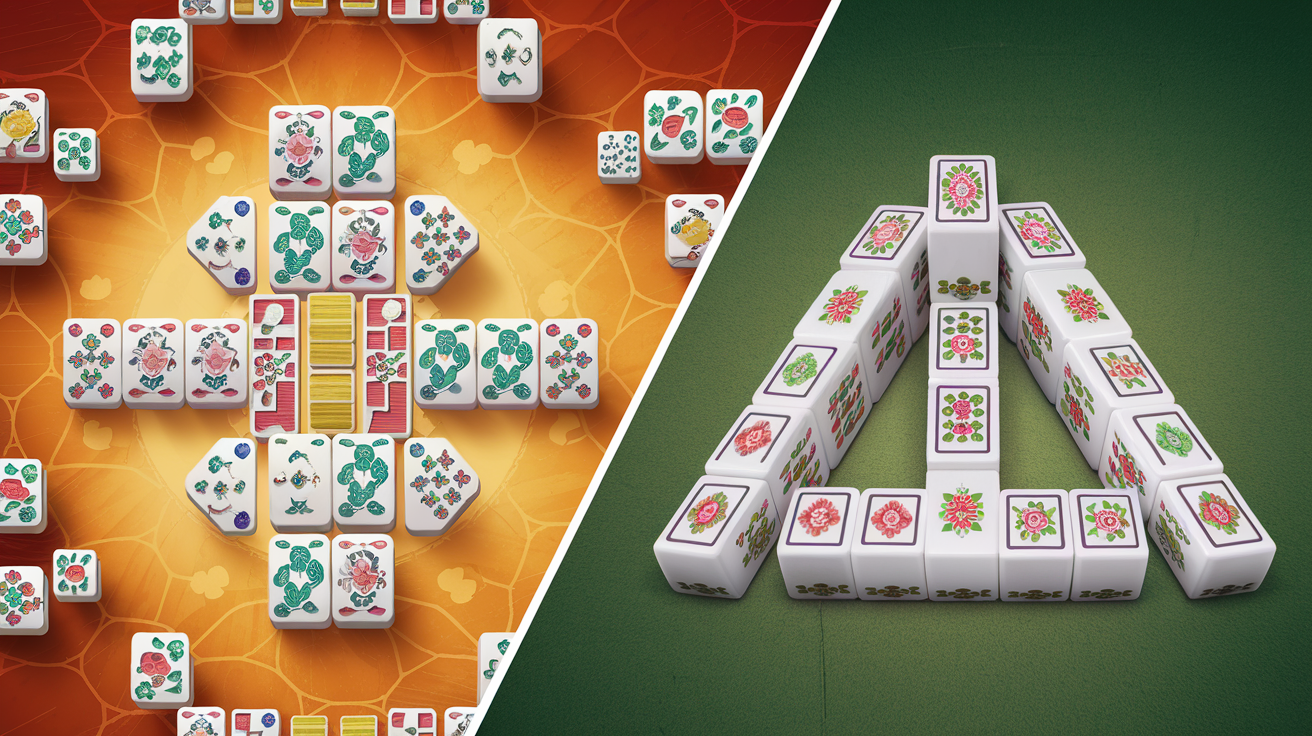 Comparison of mahjong solitaire tile layout versus traditional mahjong hand play, showing the visual difference between the puzzle game and strategy game