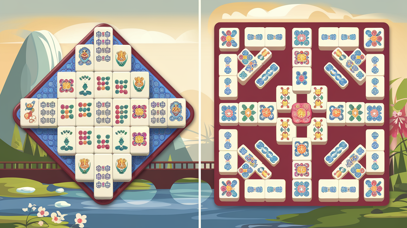 Side-by-side comparison illustration showing mahjong solitaire tile board and traditional four-player mahjong game