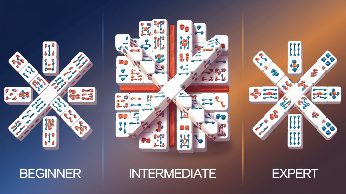Mahjong solitaire layouts ranked by difficulty from beginner to expert, showing structural complexity analysis