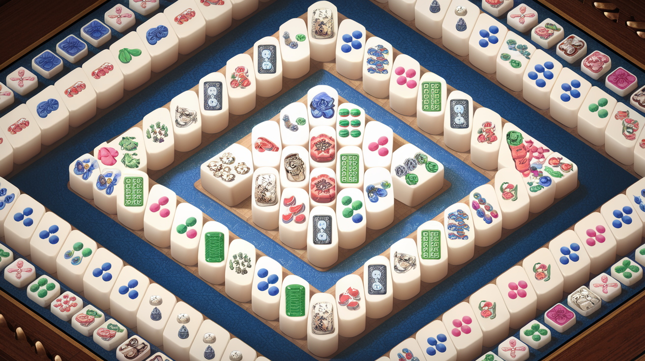 Mahjong solitaire tile-matching puzzle board showing the visual difference from traditional four-player mahjong strategy game