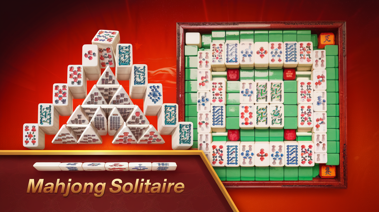 Comparison of mahjong solitaire tile layout and traditional Chinese mahjong game setup showing visual similarities and mechanical differences