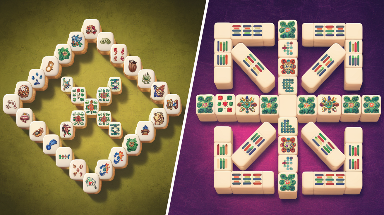 Comparison of mahjong solitaire tile matching and traditional four-player mahjong strategy game layouts