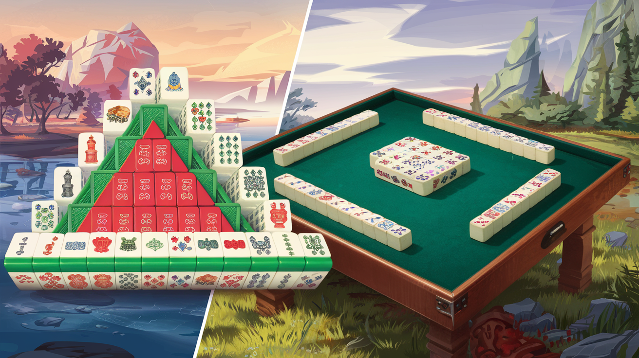Mahjong solitaire pyramid layout versus traditional 4-player mahjong table setup