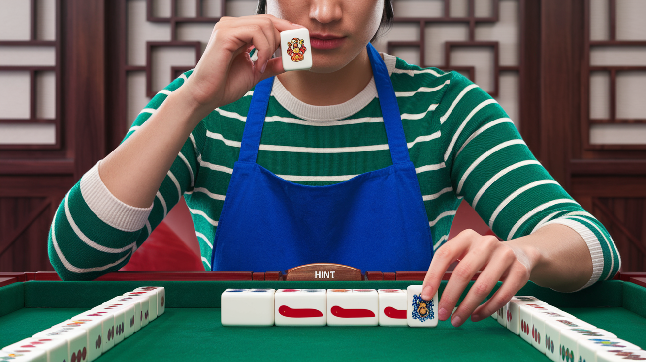 Strategic mahjong player considering a move with hint button visible, representing intentional hint usage