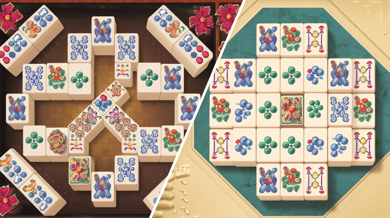 Side-by-side comparison of traditional Mahjong tiles used in both the four-player strategy game and modern tile-matching solitaire puzzles