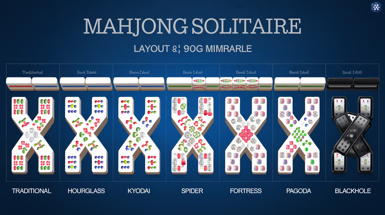 Mahjong Solitaire layout difficulty comparison chart showing Traditional, Hourglass, Kyodai, Spider, Fortress, Pagoda, and Blackhole layouts ranked by structural complexity