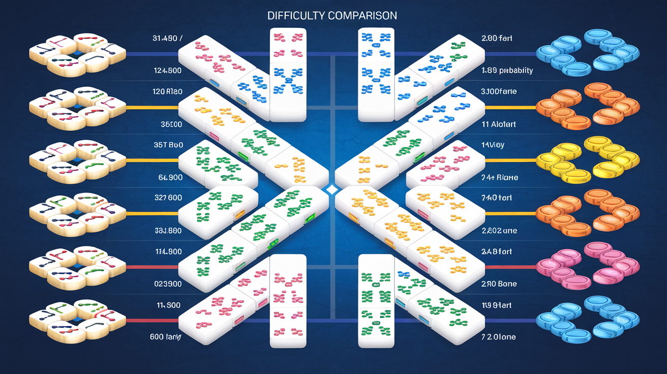 Difficulty comparison chart showing mahjong solitaire layouts ranked by structural complexity and win probability