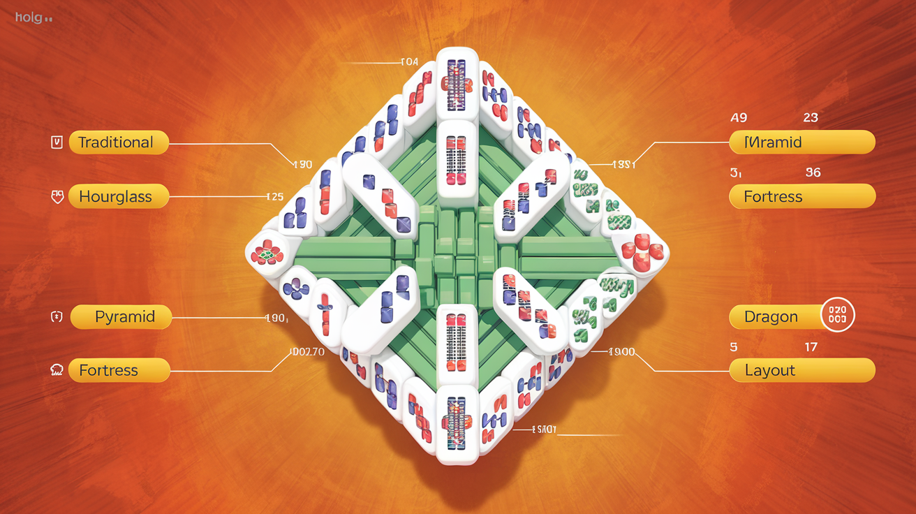 Mahjong solitaire layout difficulty comparison chart showing structural complexity metrics across Traditional, Hourglass, Pyramid, Fortress, and Dragon layouts