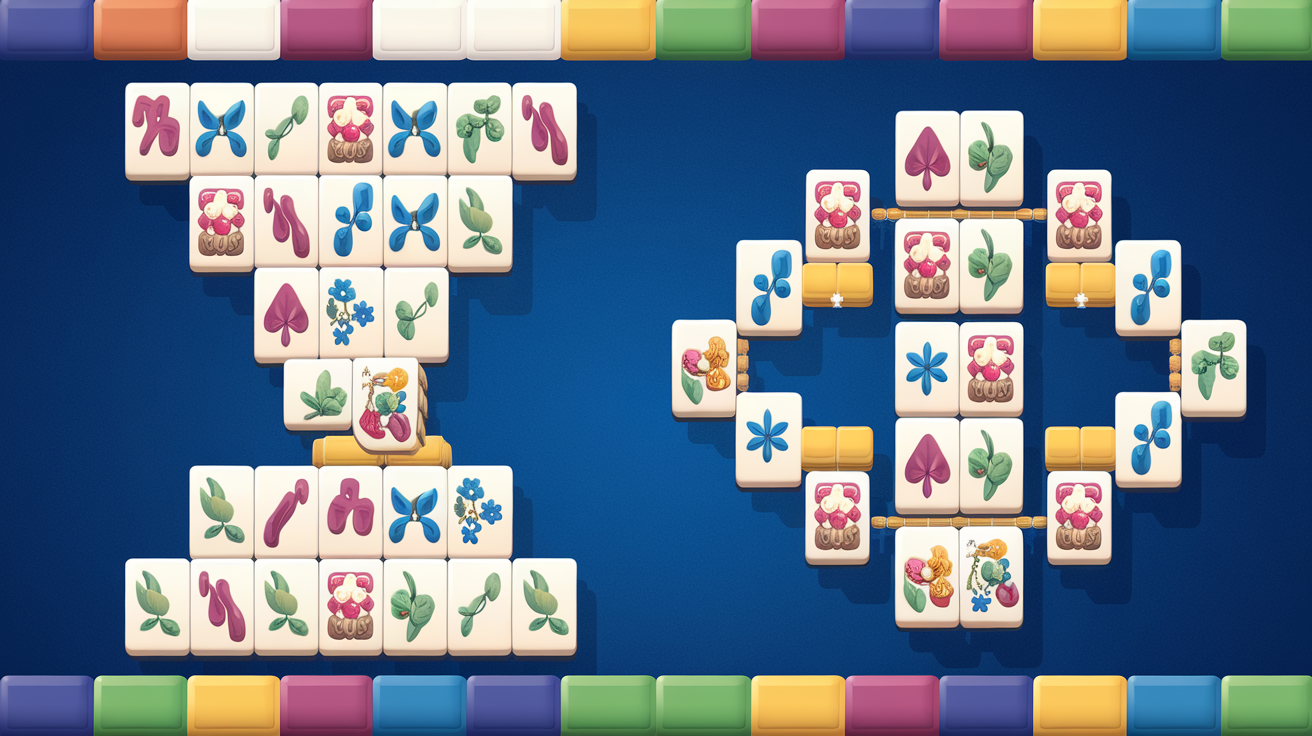 Mahjong tiles arranged in a solitaire puzzle pattern compared to a traditional mahjong hand setup