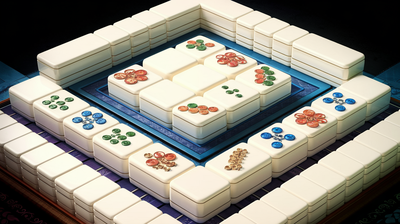Comparison of mahjong solitaire tile layout versus traditional mahjong tiles arranged for multiplayer play