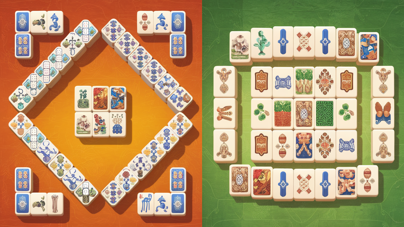 Comparison of mahjong solitaire tile matching layout and traditional mahjong four-player game setup showing their fundamental differences