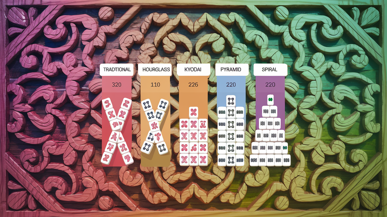 Mahjong solitaire layout difficulty comparison chart showing Traditional, Hourglass, Kyodai, Pyramid, and Spiral layouts ranked from most forgiving to most challenging
