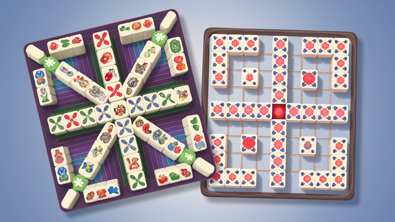 Comparison of mahjong solitaire tile-matching gameplay and traditional 4-player Chinese mahjong tiles arranged differently