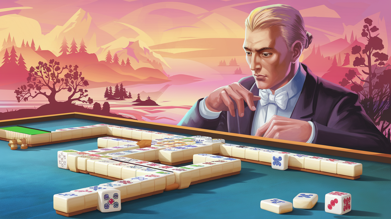 Strategic mahjong solitaire player considering hints carefully while solving a complex board layout