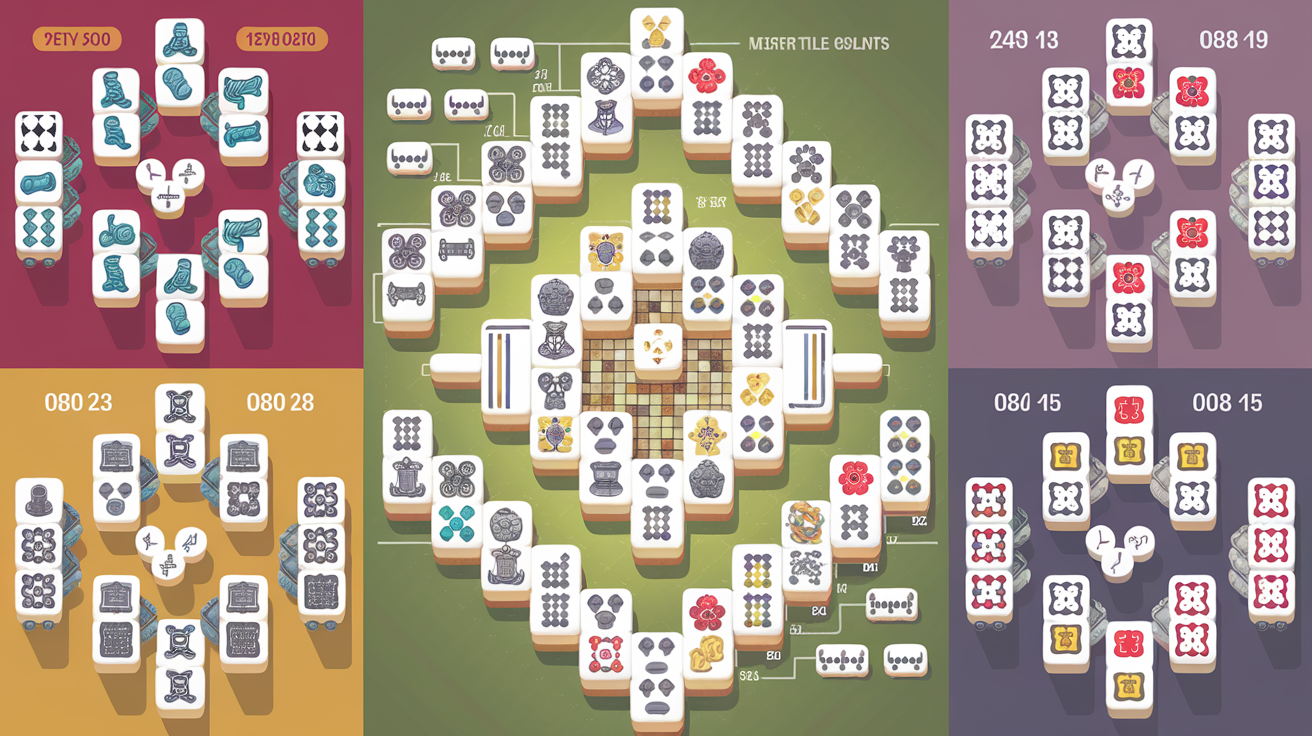 Mahjong solitaire layout difficulty comparison chart showing free tile counts and stack depths across 10+ popular layouts