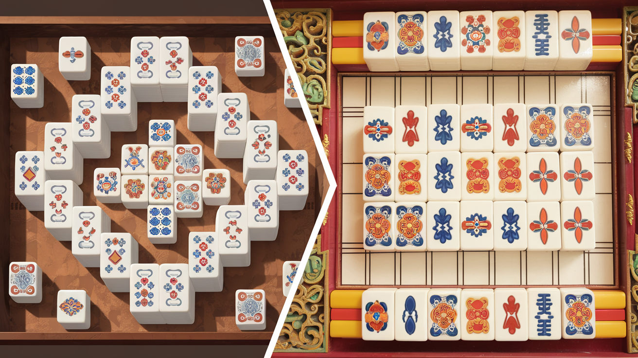Comparison of mahjong solitaire tile layout and traditional Chinese mahjong game setup showing the differences between the two games