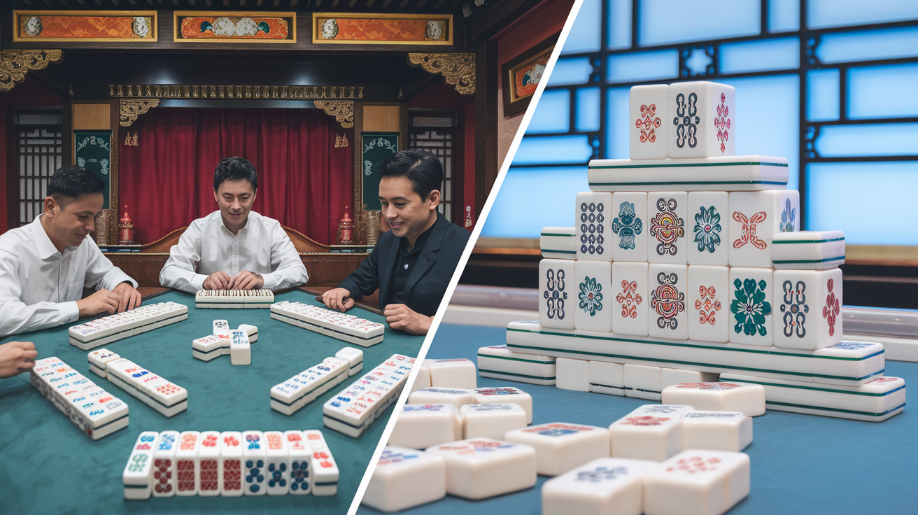 A split image showing traditional mahjong tiles in a four-player game setup on the left, and a mahjong solitaire pyramid layout on the right, illustrating the fundamental differences between the two games