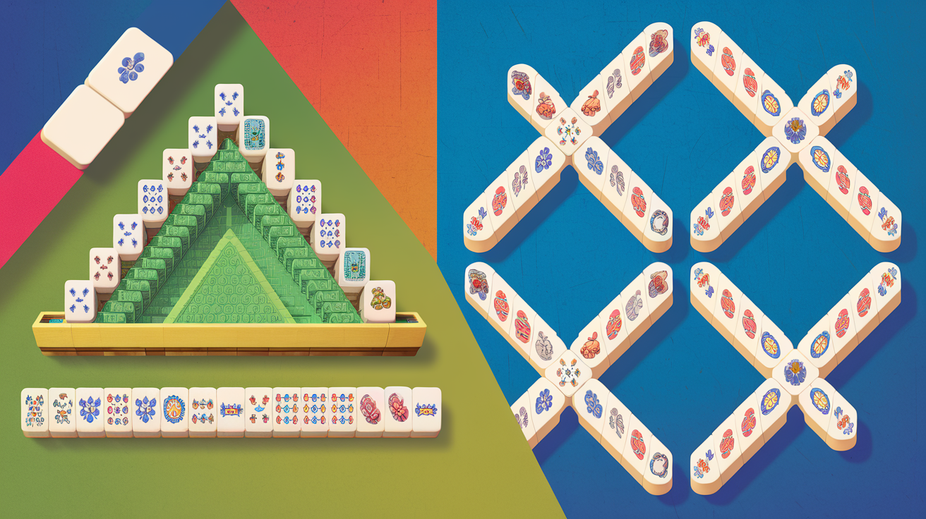 Comparison of mahjong solitaire pyramid layout versus traditional four-player mahjong table setup showing the fundamental structural differences between the two games
