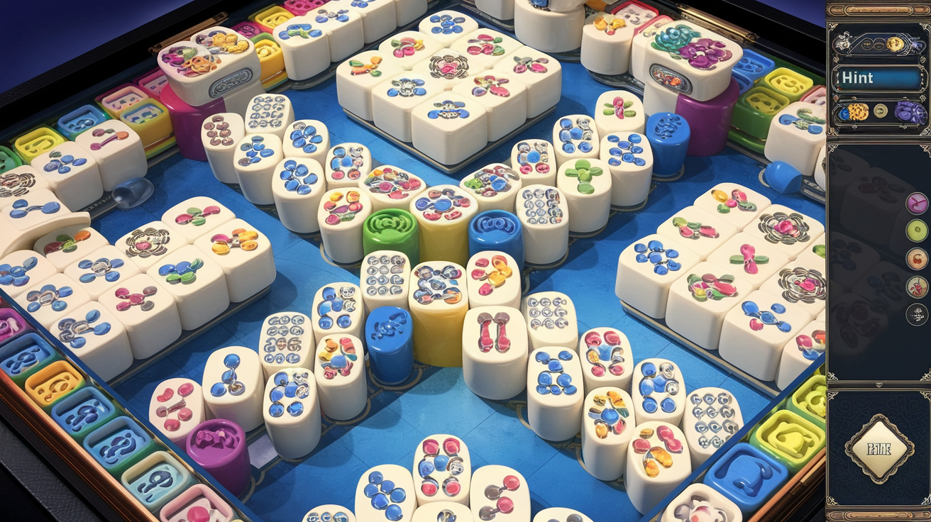 Strategic mahjong board layout showing tile matching patterns and hint system interface