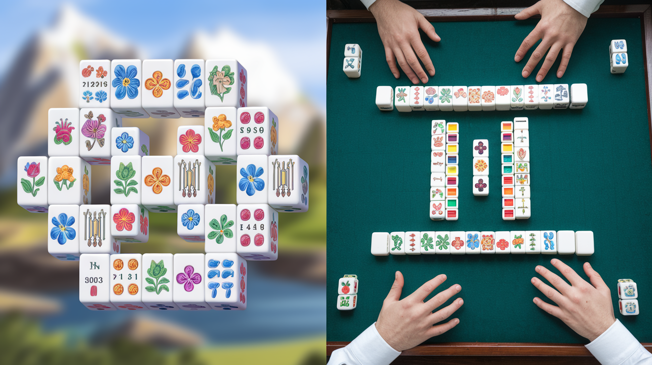 Comparison of mahjong solitaire tiles versus traditional four-player mahjong game setup