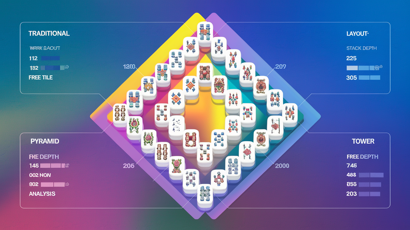 Mahjong solitaire layout difficulty comparison chart showing Traditional, Pyramid, and Tower layouts with stack depth and free tile analysis