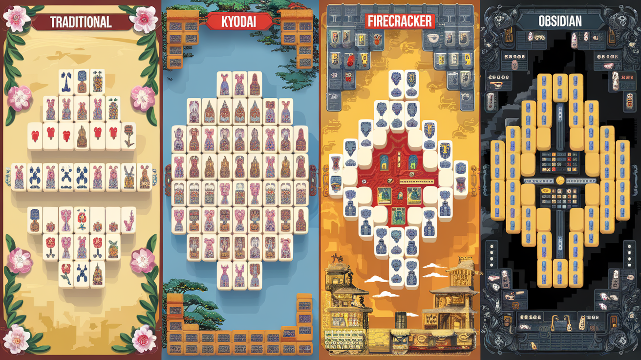Difficulty ranking chart showing Traditional, Kyodai, Firecracker, and Obsidian mahjong layouts arranged from easiest to hardest
