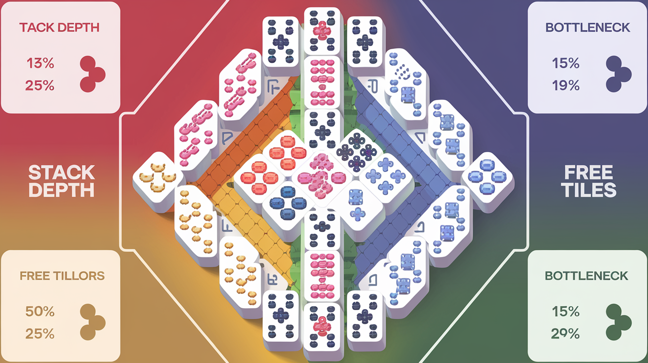 Comparative difficulty chart of top 13 mahjong solitaire layouts showing stack depth, free tiles, and bottleneck metrics