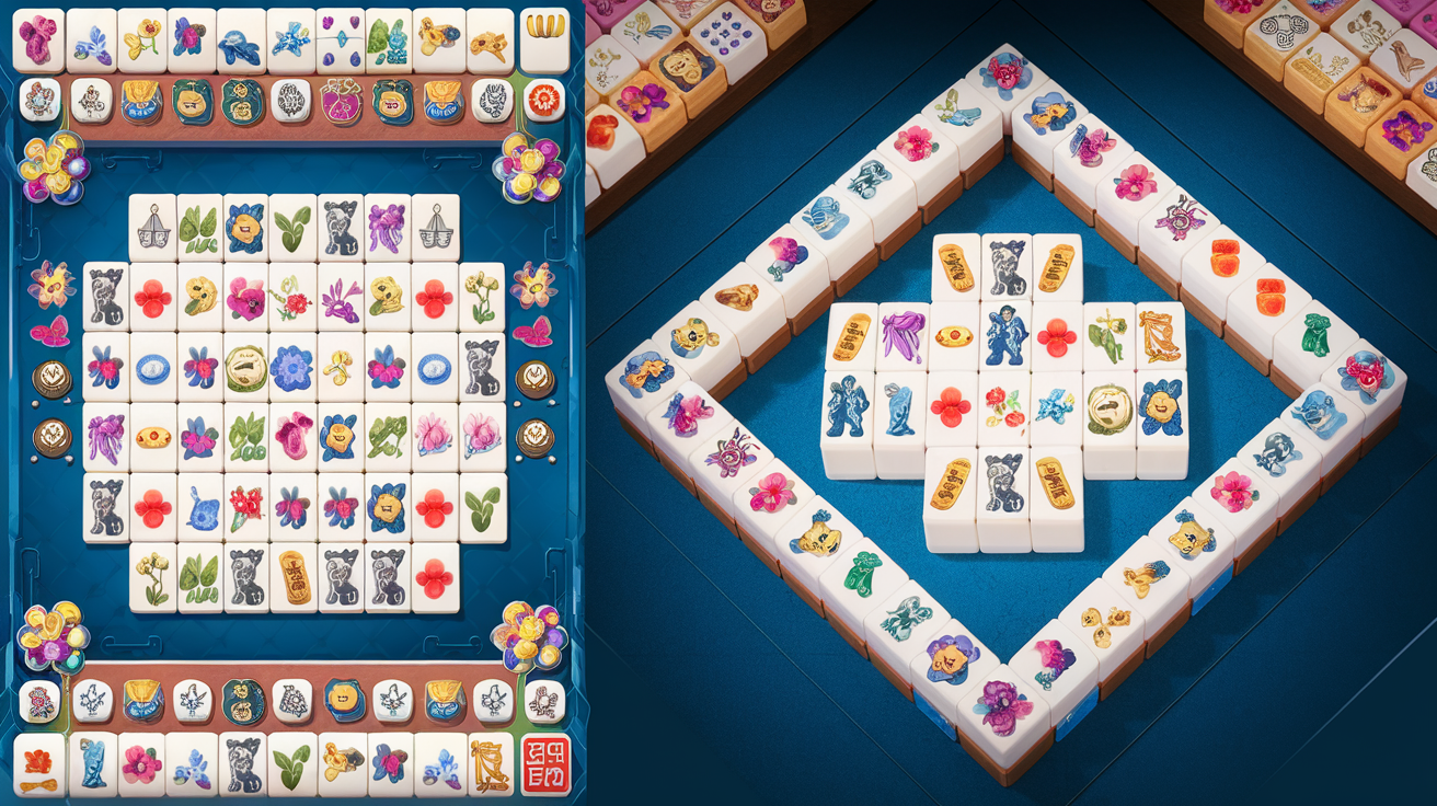 Comparison of mahjong solitaire tile-matching game layout and traditional 4-player mahjong tiles on a table