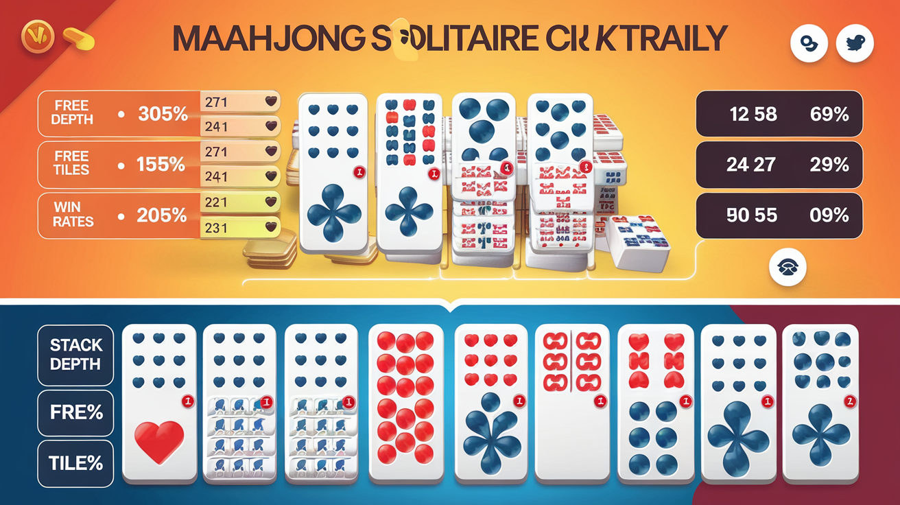 Mahjong solitaire layout difficulty comparison chart showing stack depth, free tiles, and win rates across 10 named layouts