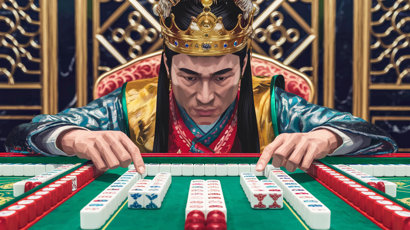 Mahjong player studying board strategy with selective hint use