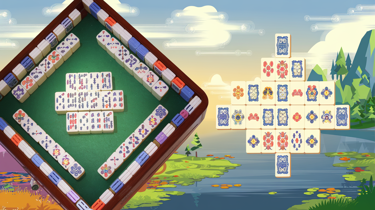 Split image showing traditional four-player mahjong table on left and mahjong solitaire tile pyramid puzzle on right