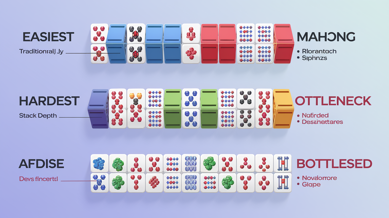 Visual comparison of mahjong solitaire layouts from easiest (Traditional) to hardest (Sphinx), showing stack depth and bottleneck positions