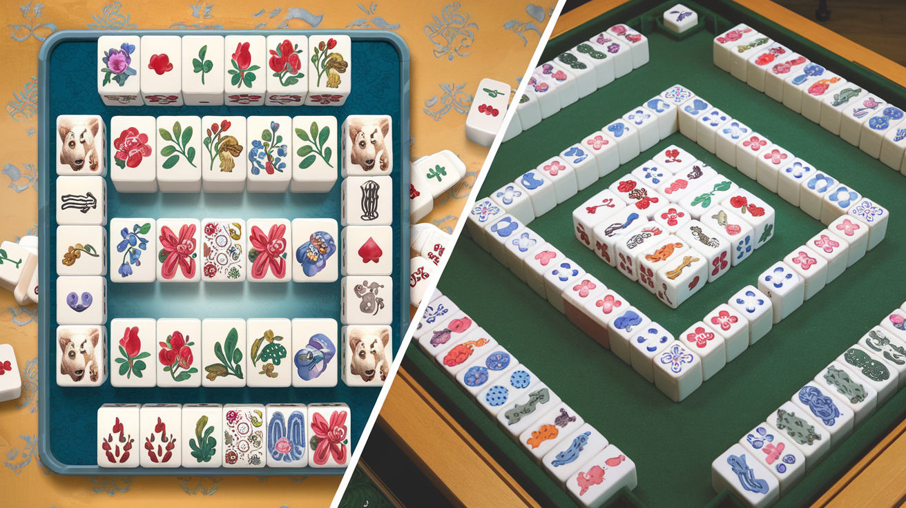 Split image showing mahjong solitaire tile-matching layout on one side and traditional mahjong four-player game on the other