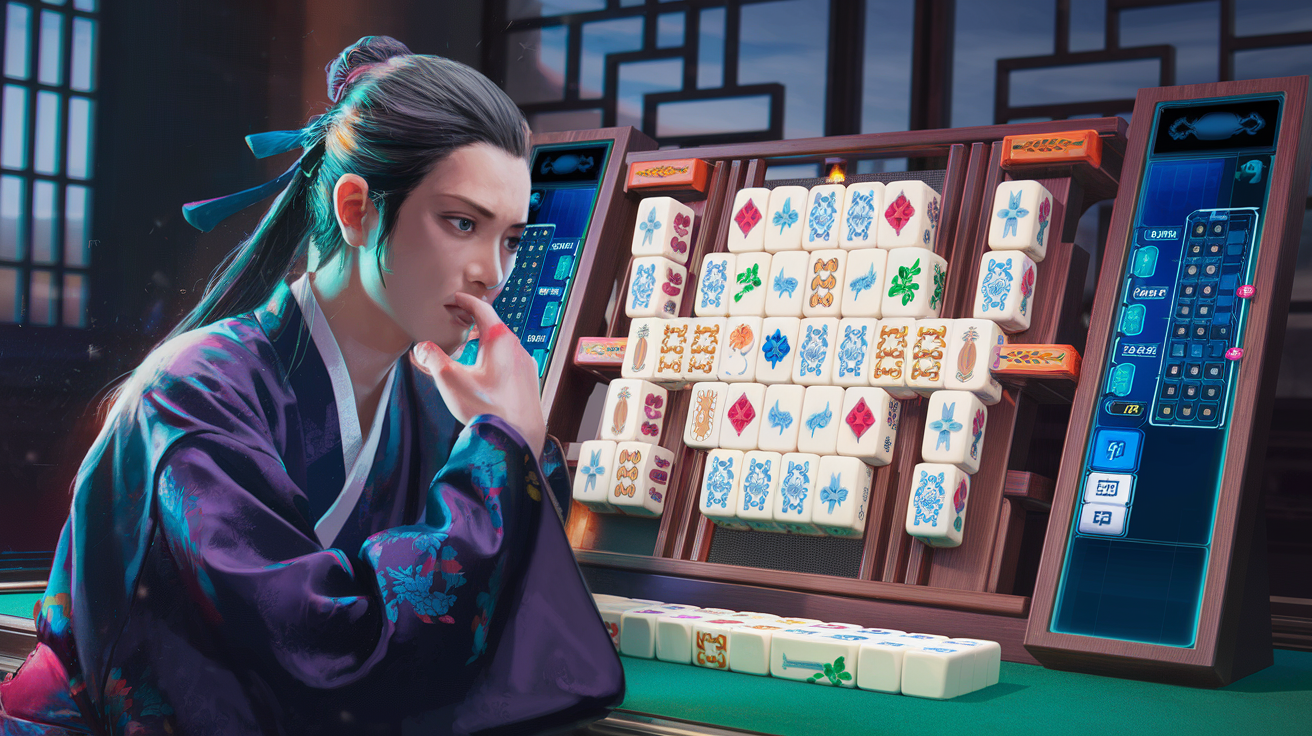 Strategic mahjong player thoughtfully considering tile combinations with hint system visible on screen