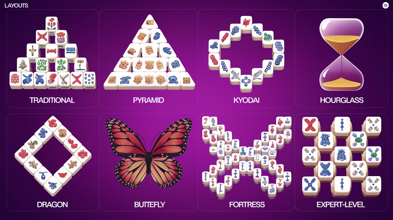 Mahjong solitaire difficulty ranking chart showing Traditional, Pyramid, Kyodai, Hourglass, Dragon, Butterfly, Fortress, and expert-level layouts from easiest to hardest