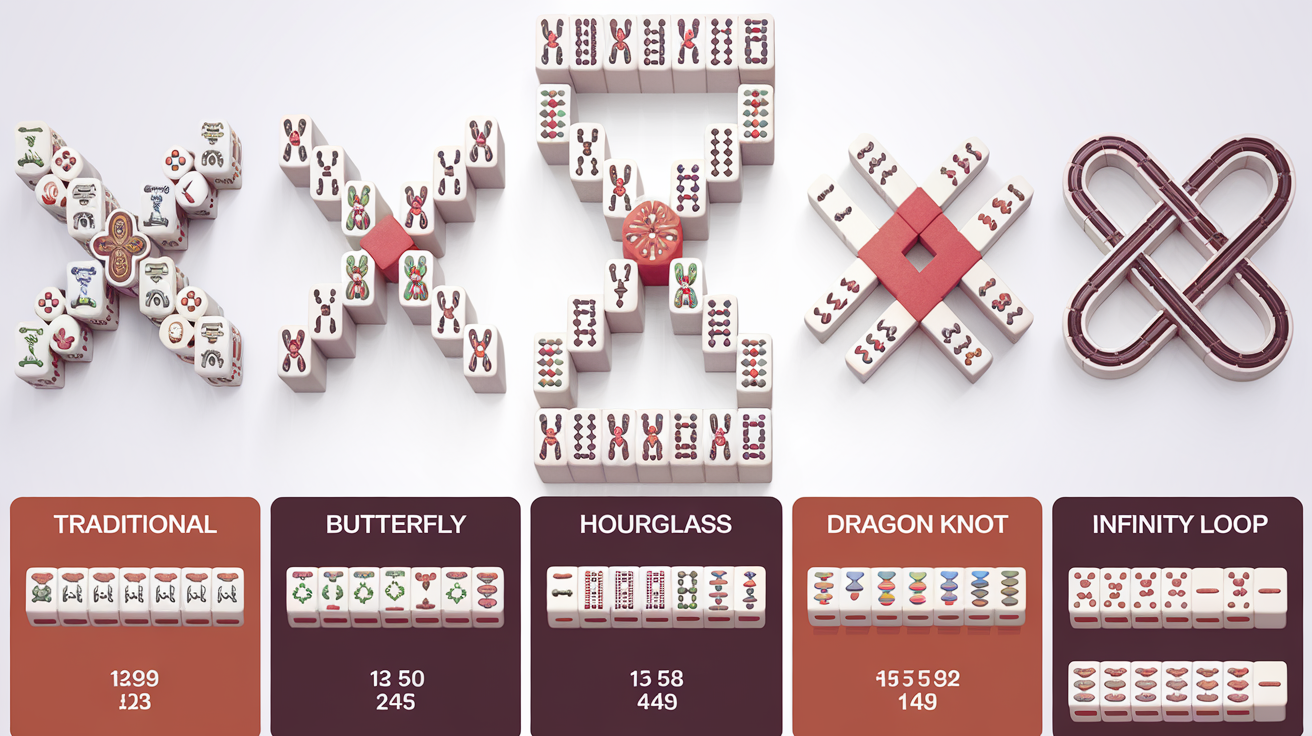 Mahjong solitaire layout difficulty comparison chart showing Traditional, Butterfly, Hourglass, Dragon Knot and Infinity Loop arrangements