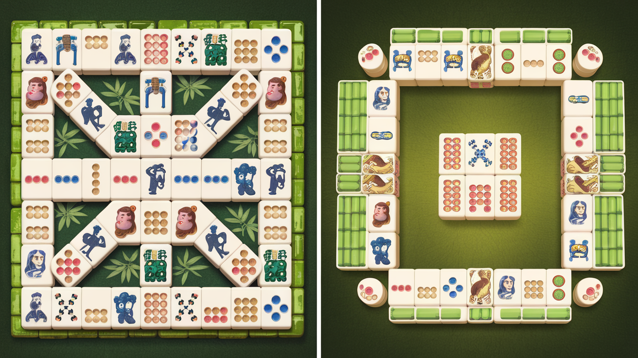 Visual comparison showing mahjong solitaire tile layout on left, traditional four-player mahjong game on right