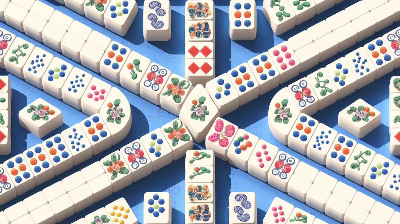 Mahjong solitaire tile layout showing the pair-matching game format, distinct from traditional four-player mahjong