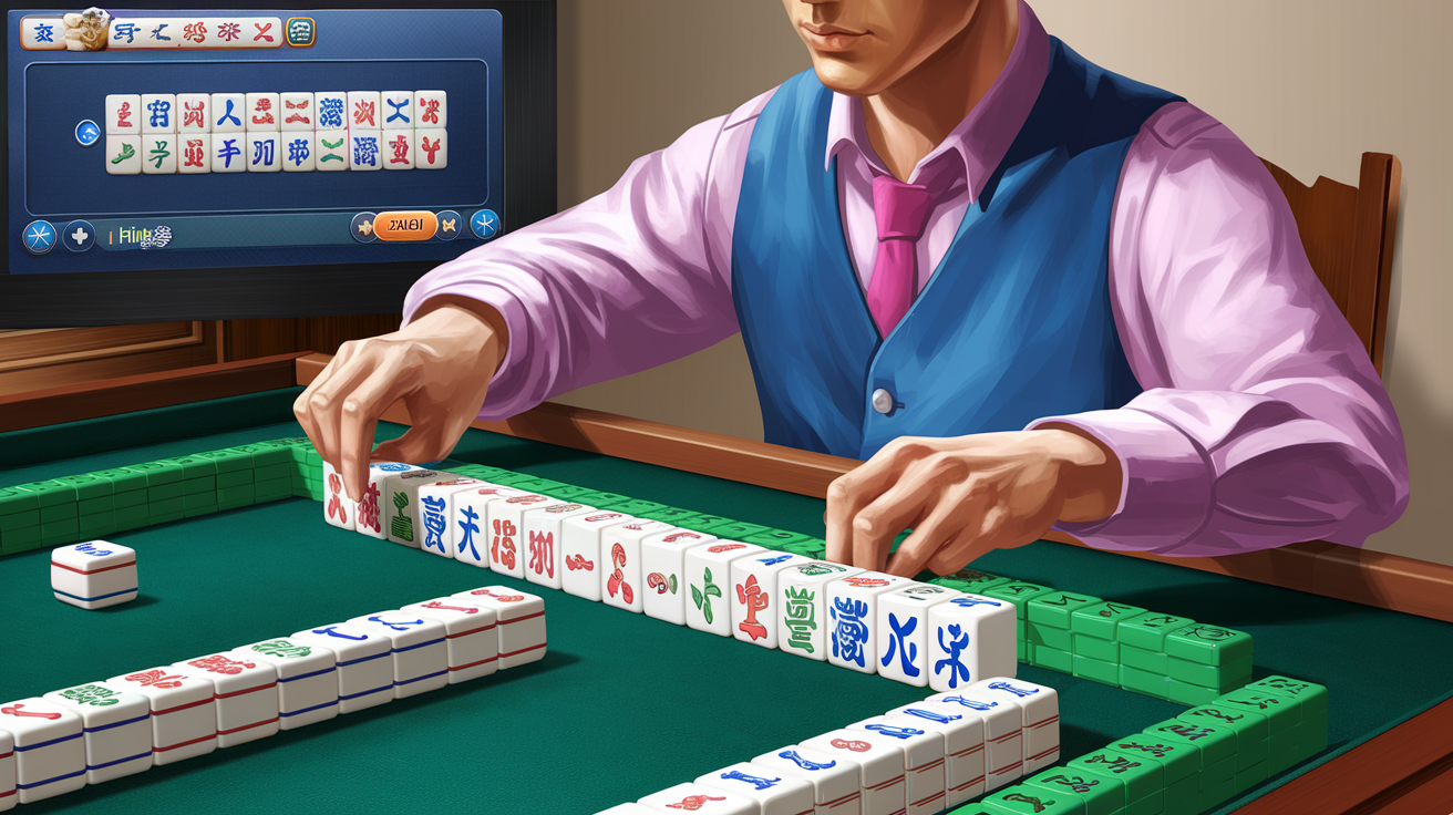 Mahjong player strategizing tile removal with hint system visible on screen