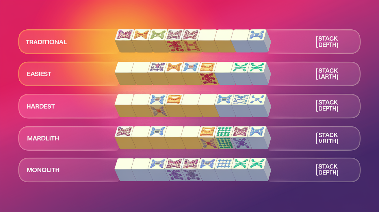 Difficulty comparison chart showing mahjong solitaire layouts from Traditional (easiest) to Monolith (hardest) with stack depth and bottleneck indicators
