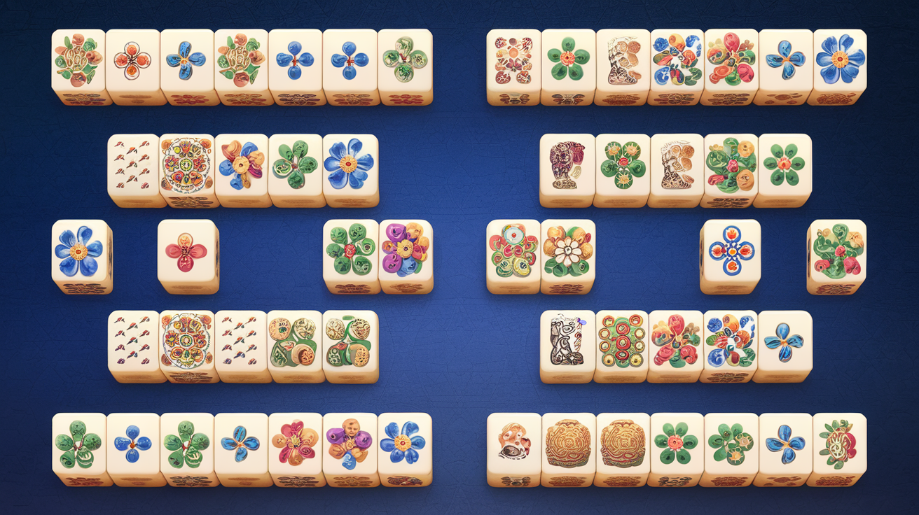 Mahjong tiles arranged to show the difference between solitaire matching and traditional game formations