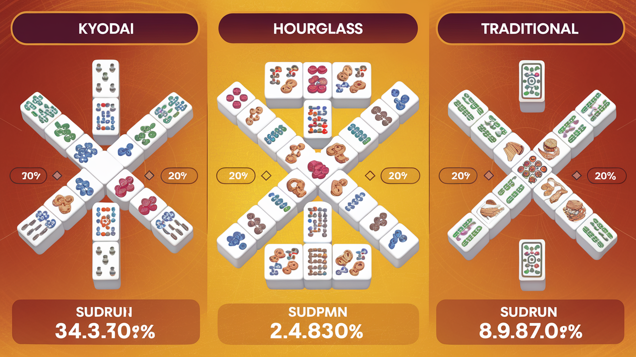 Mahjong Solitaire layout difficulty comparison chart showing Kyodai, Hourglass, and Traditional layouts with complexity metrics
