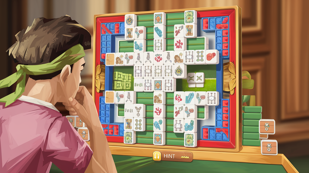 A player contemplating a mahjong board with the hint button visible, representing the decision between using help or relying on independent strategy