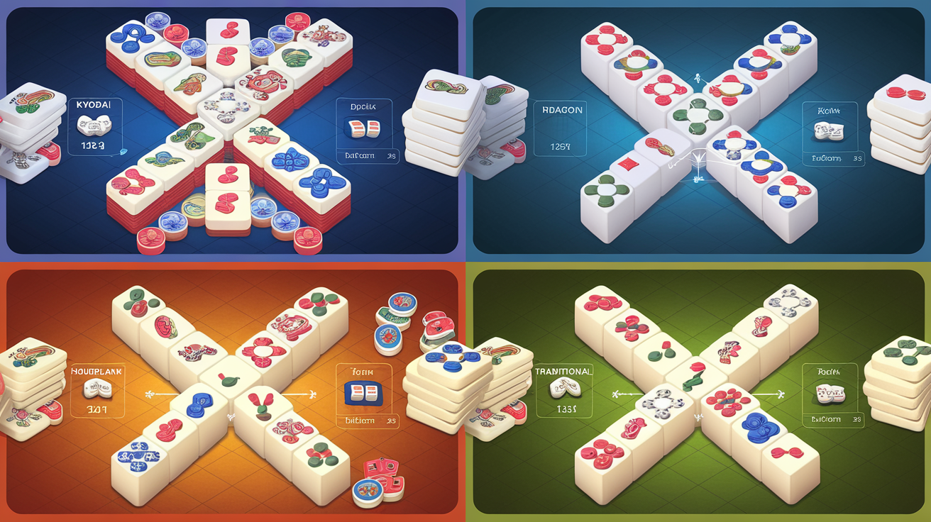 Difficulty comparison chart showing Kyodai, Dragon, Hourglass, and Traditional Mahjong Solitaire layouts with stack depth and free tile visualization