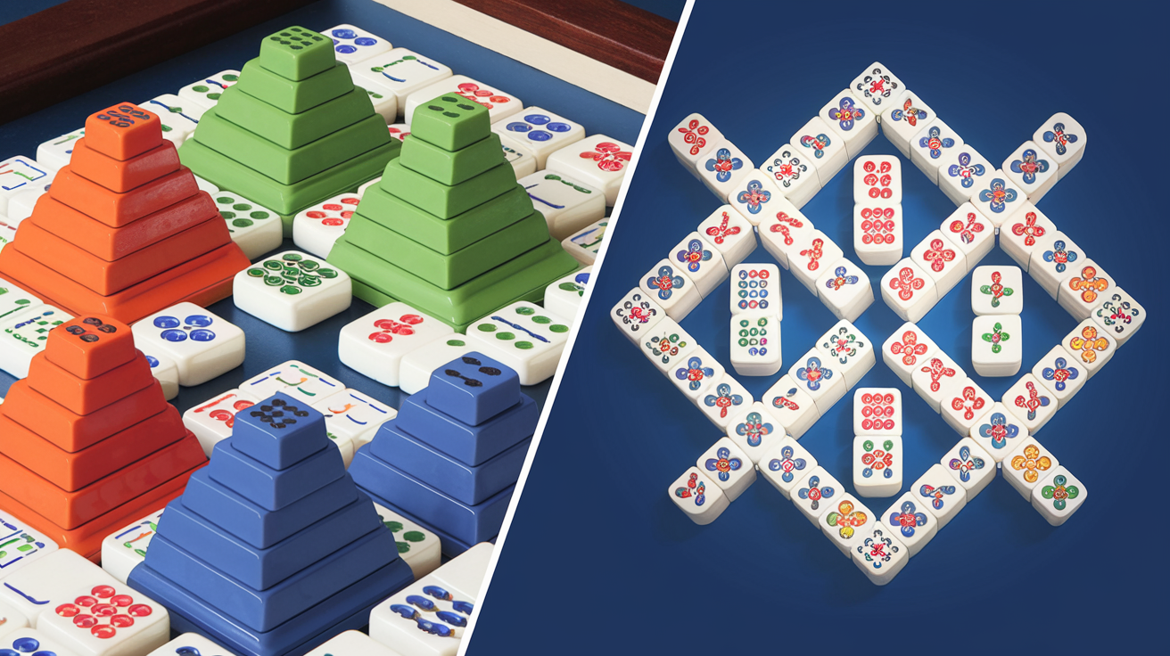 Side-by-side comparison showing mahjong solitaire pyramid layout and traditional four-player mahjong game setup