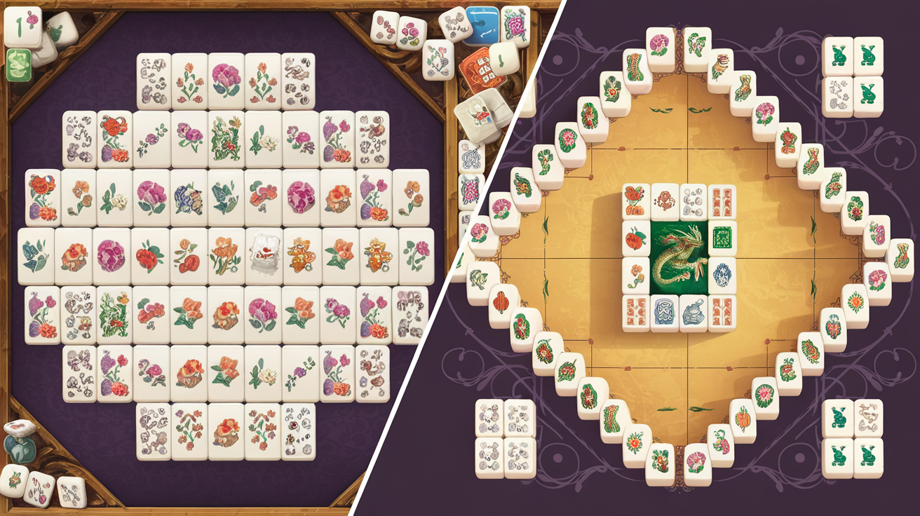 Split image showing mahjong solitaire tile layout on left and traditional four-player mahjong game on right, illustrating the different game setups